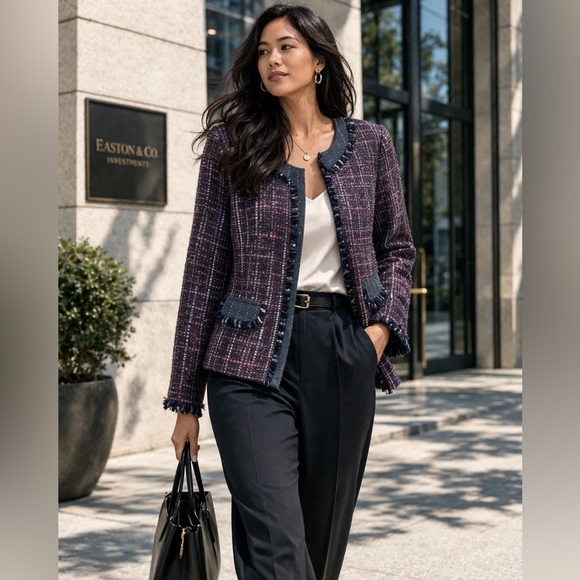 Trina Turk Jackets & Blazers - Trina Turk Tweed Jacket Multicolor Fringe Size 12 Career Chic Blazer Quiet Luxe